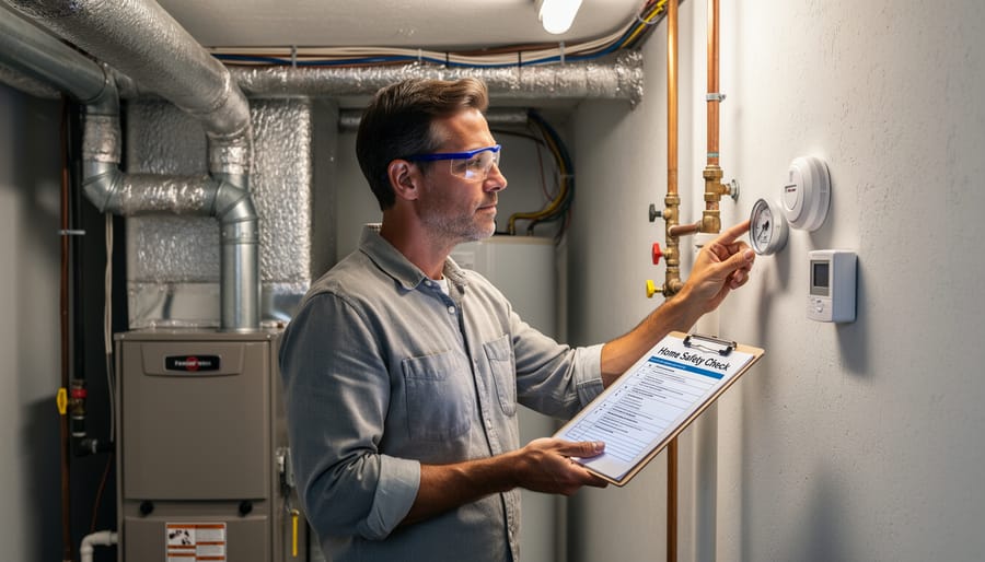 A homeowner inspecting a furnace and carbon monoxide alarm in a Canadian home mechanical room