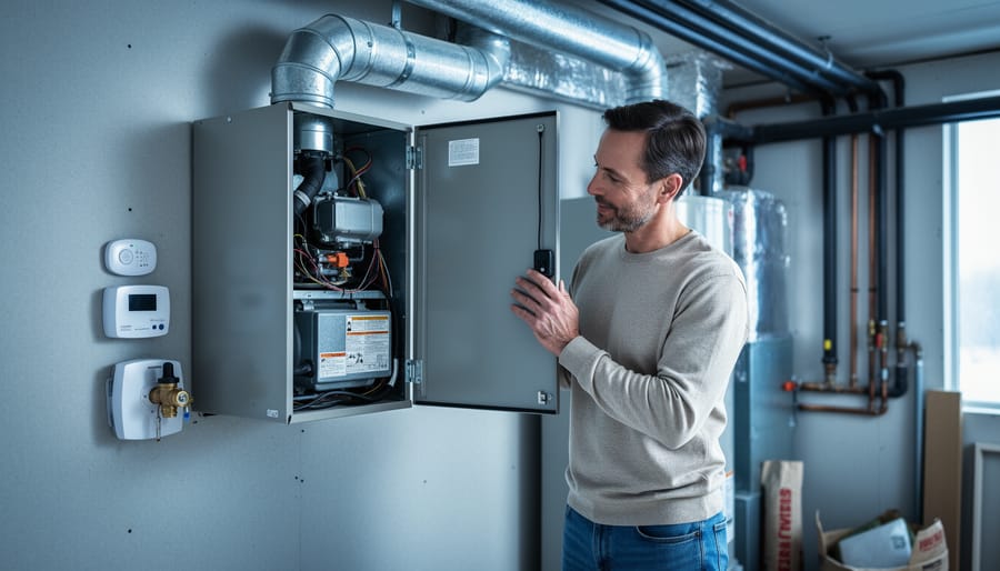 Homeowner inspecting a heat pump and nearby safety devices such as a carbon monoxide detector and ducting in a Canadian home mechanical room.