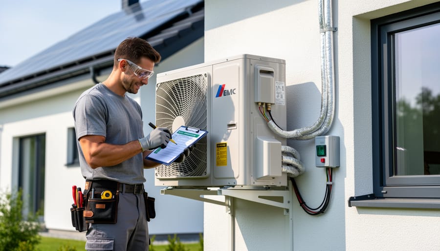 Exterior heat pump installation next to insulated lines on a Canadian home