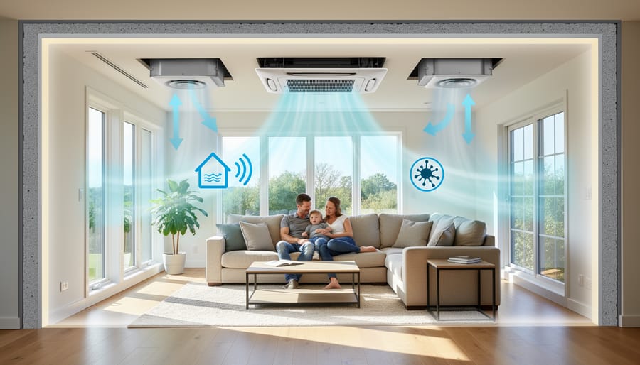 Ventilation equipment and a homeowner checking indoor air quality in a modern, well-insulated home